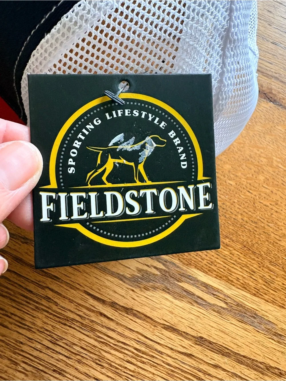 New with tags Fieldstone Mens Red & Navy Trucker Hat with Flag Patch- SnapBack